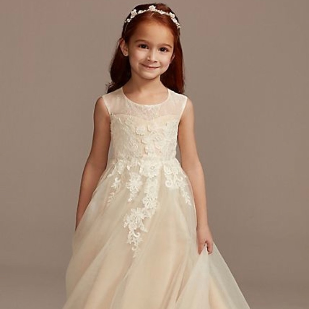 David’s Bridal Flower Girl Dress with Applique. Ivory/Champagne. Style 1411.
